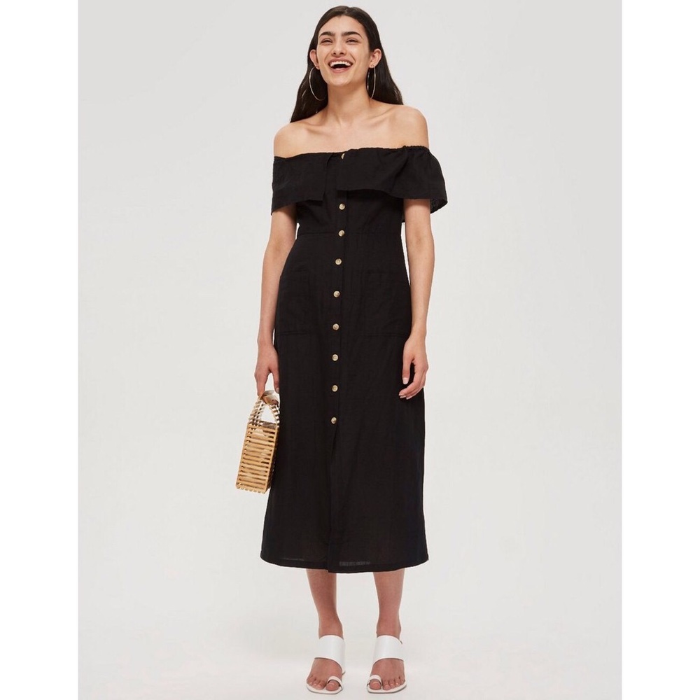 Topshop Black Off-Shoulder Button-Front Midi Dress